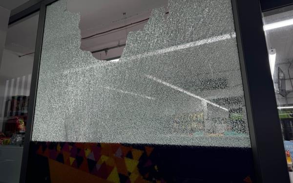 Shattered windows at Wholly Bagels on The Terrace, Wellington, on 2 September 2024.