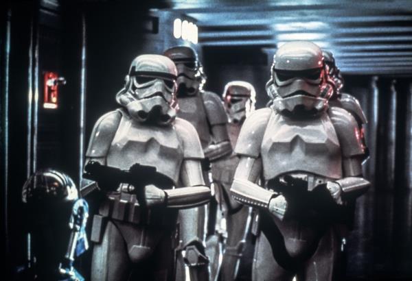 Mark Hamill's Luke Skywalker and Harrison Ford's Han Solo posing as Stormtroopers in "Star Wars: A New Hope"